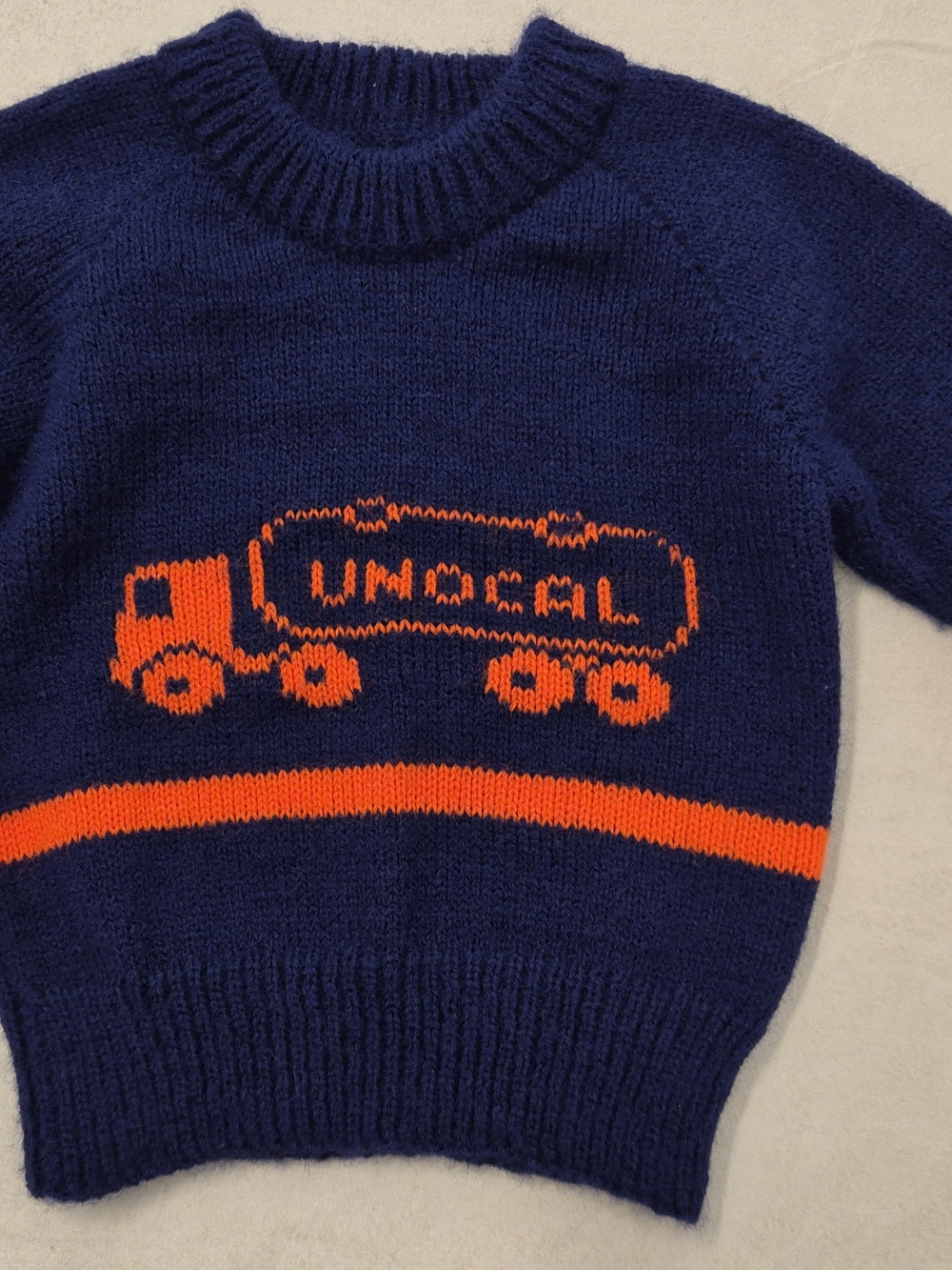 Vintage Unocal 76 Navy & Orange Kids Sweater 12m Truck Motif Novelty Retro